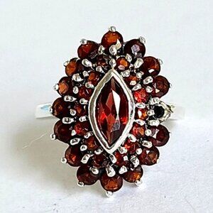 Vintage Boho Sterling Silver Red Garnet Marquis Flower Crystal Cluster Ring